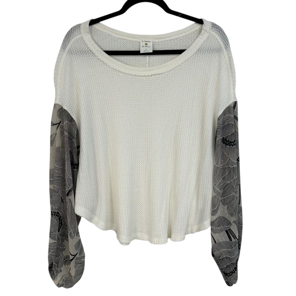 By Together + Collection White Floral Print Balloon Sleeve Top Womens Small